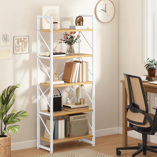 DWVO 5 Tiers Book Shelf, Wood and Metal Bookcase Storage Organizer, Industrial Bookshelf Tall Shelving Unit Display Rack for Living Room Kitchen Bedroom, White and Oak Book Rack