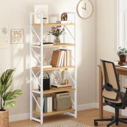 DWVO 5 Tiers Book Shelf, Wood and Metal Bookcase Storage Organizer, Industrial Bookshelf Tall Shelving Unit Display Rack for Living Room Kitchen Bedroom, White and Oak Book Rack