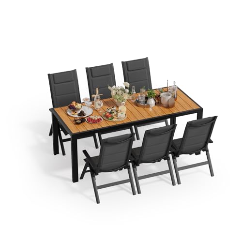 JUMMICO Garden Table and Chairs, 5-Position Adjustable Aluminium Armchair with Wooden Table, Weatherproof Patio Furniture for Balcony and Garden