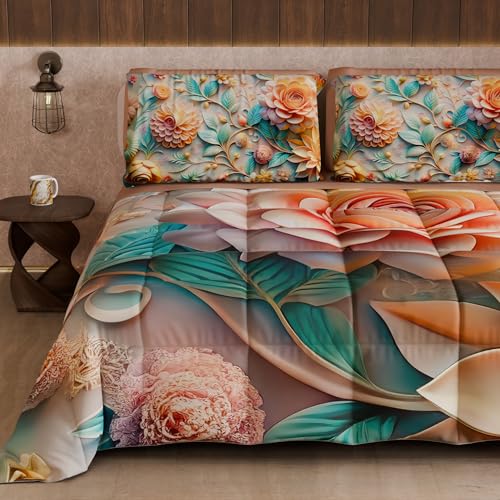 PETTI Artigiani Italiani - Winter Quilt, Winter Duvet, Double Sided Quilt, Solid Colour and Digital Floral Print 05 11, 100% Microfibre, Made in Italy