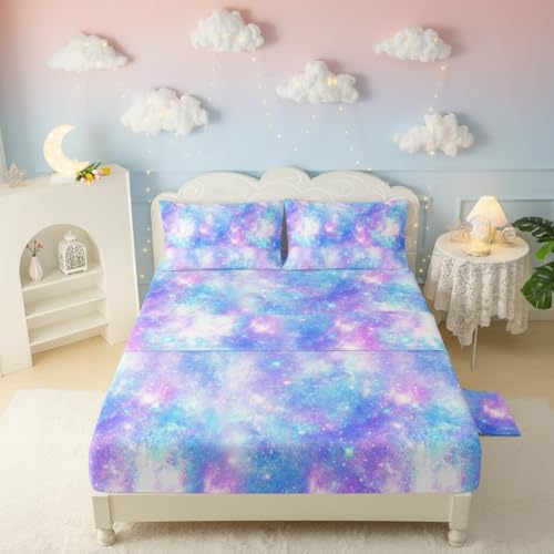 QOOMO Blue Purple Starry Sky Sparkles Bedding for Boys and Girls Tie Dye Print Silky Soft Microfiber Bed Sheets Blue Shining Star Super Soft Queen Size 1 Fitted Sheet, 1 Flat Sheet, 2 Pillow Cases