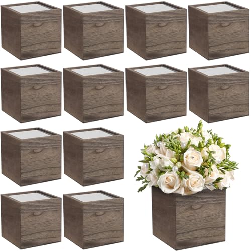 Suzile 12 Set 4 Inch Wooden Planter Box Flower Square Vases for Centerpiece Rustic Cube Planter Box with Removable Foam Blocks Liner Square Vase Craft for Garden Home(Brown Wood)