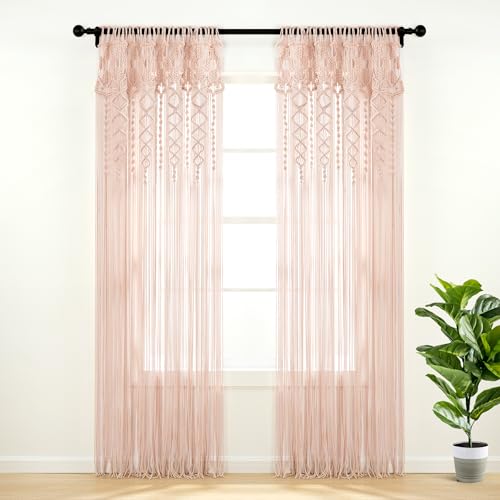 "Lush Decor Boho Macrame Textured Cotton Window Curtain Panel, 40"" W x 84"" L, Blush - Doorway Room Divider - Wedding Wall Decor - Boho Macrame Curtain for Windows"