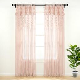 "Lush Decor Boho Macrame Textured Cotton Window Curtain Panel, 40"" W x 84"" L, Blush - Doorway Room Divider - Wedding Wall Decor - Boho Macrame Curtain for Windows"
