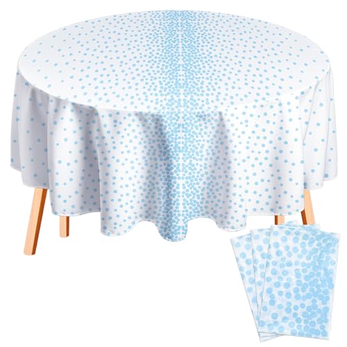 VitalCozy 3 Pcs Round Dot Tablecloth 84 Inch Plastic Table Cover Polka Dot Confetti Tablecloths for Valentine's Day Graduation Wedding Birthday Spring Easter Party Supplies (White and Light Blue)