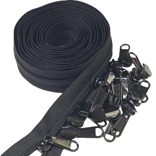 MebuZip #5 Nylon Coil Zippers by The Yard Bulk Zipper Roll Zipper Tape 10 Yards with 25pcs Pulls for Sewing Tailor DIY Craft Bags Pillows (Black 10Yards)