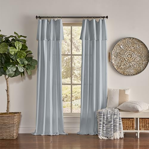 Mercantile Drop Cloth Curtain Panel, Light Filtering Ring & Tab Top with Attached Valance, 63 in Long x 50 in Wide, Farmhouse Single Window Panel, Bedroom, Living Room & Dining Room, Wave Blue