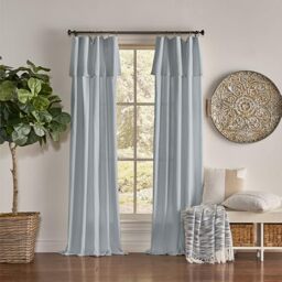 Mercantile Drop Cloth Curtain Panel, Light Filtering Ring & Tab Top with Attached Valance, 63 in Long x 50 in Wide, Farmhouse Single Window Panel, Bedroom, Living Room & Dining Room, Wave Blue
