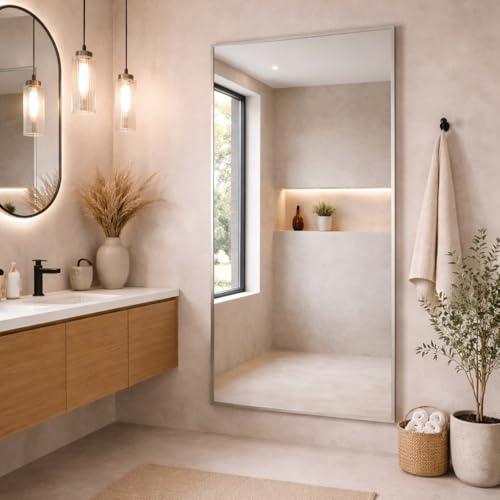 Bathroom Full Length Silver Mirror 174 x 85cm – Large Wall Mounted Aluminium Mirror – Modern Rectangular Portrait or Landscape Mirror