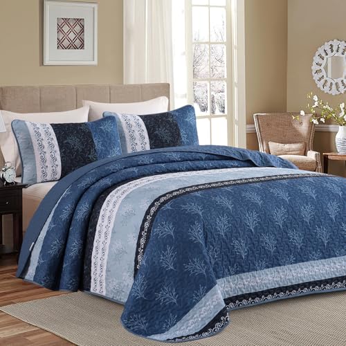 DJY Stripe Quilt Set King Size Blue Bedspread Coverlet Set 3 Pieces Boho Branch Floral Pattern Quilted Bedding Set, Soft Lightweight Bed Cover for All Season (110''x90'')