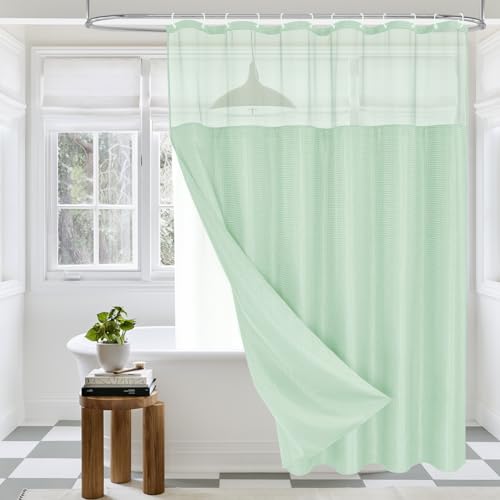 MitoVilla Green Long Shower Curtain 72 x 78, 78 inches Long Cloth Mesh Top Window Shower Curtains for Hotel Spa Bathroom Decor, Mint Green Fabric Shower Curtain Set with Snap-in Liner