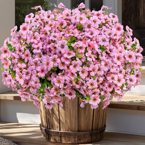 AXYLEX Artificial Flowers for Outdoors, 16 Bundles Fake Plants (Pink) - UV resistant faux plastic flowers, no fade artificial greenery ??? garden, patio, porch & home