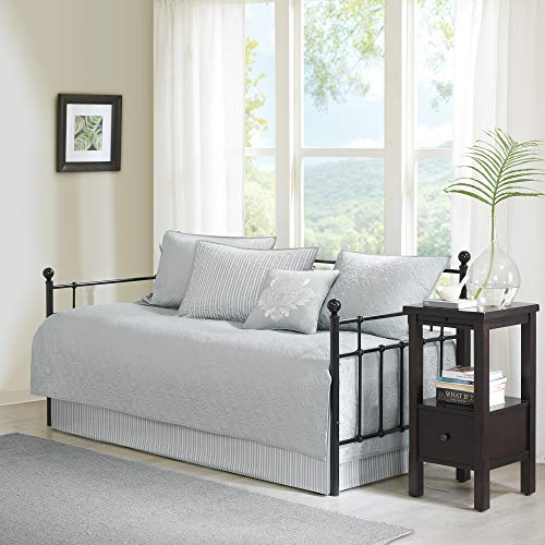 "Madison Park Cotton Daybed Cover Set-Double Sided Quilting Classic Cottage Design All Season Bedding with Bedskirt, Matching Shams, Decorative Pillow, 75""x39"", Quebec Grey 6 Piece"