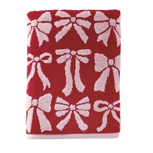 SKL Home Bow Jacquard 100% Cotton Premium Bath Towel, 500 GSM, Reversible, Soft & Absorbent, Decorative/Everyday Christmas/Winter/Valentine's Day, Red/Pink