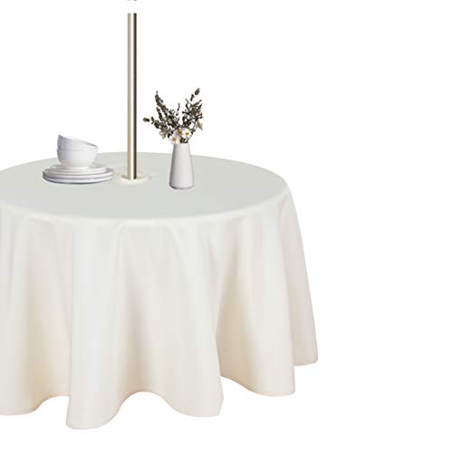LUSHVIDA Outdoor Round Tablecloth with Parasol Hole and Zipper, Waterproof Liquid Resistant Wrinkle Resistant Washable for Spring Summer 60 Inch Beige