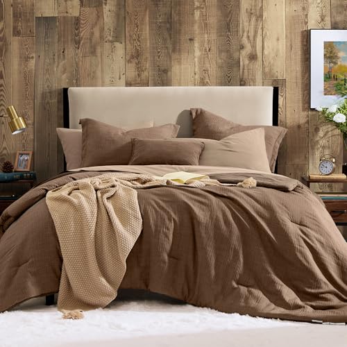 King Size Comforter Set - 7 Pieces Brown Bedding Set Textured Bed in a Bag - Farmhouse Bedding, Soft All Season Bed Set with Comforter, Sheets, Pillowcases & Shams