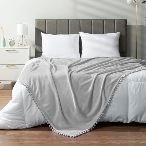 PAVILIA Fleece Throw Blanket for Couch with Pom Pom Fringe, Light Grey, Soft Cozy Fuzzy Flannel Blanket for Sofa Bed, Large Lightweight Plush All Season Throw, 60x80 Inches