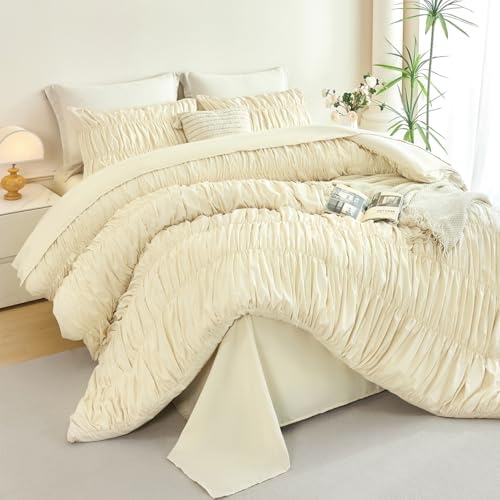 PERFEMET Beige Ruched Comforter Set Full Size, 5 Pieces Boho Ruffle Bed in a Bag with Sheets, Soft Fluffy Pleated Texture Bedding Set All Season Lightweight Shabby Chic Bed Set(Beige, Full)