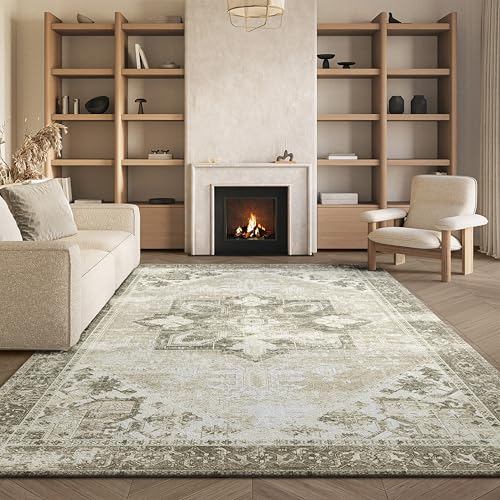 Safavieh Traditional Rug Ideal for High Traffic Areas - Machine Washable and Non Slip - Tucson Collection, Short Pile, in Sage and Ivory, 183 X 183 cm