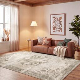 SAFAVIEH Traditional Rug Ideal for High Traffic Areas - Machine Washable and Non Slip - Tucson Collection, Short Pile, in Sage and Ivory, 183 X 183 cm
