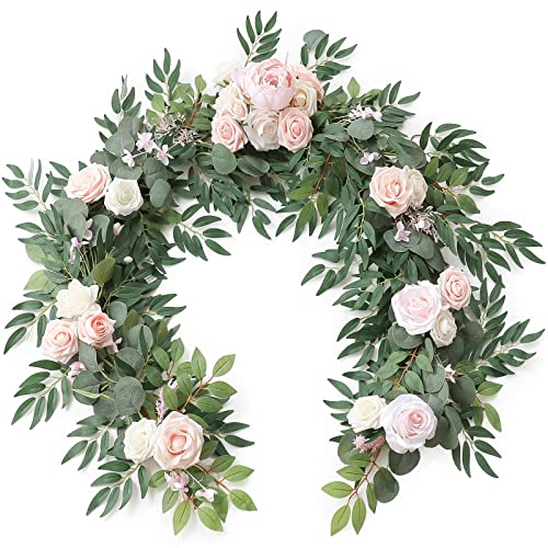 Floroom 6ft Artificial Eucalyptus Garland with Flowers Fake Greenery Faux Floral Vine Garland for Table Decor Wedding Centerpieces Bridal Shower Party Decorations, Blush & Cream
