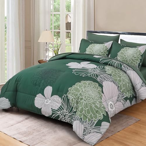"Yiran 7 Pieces Queen Floral Comforter Set,Emerald Green Bed in a Bag Flowers Comforter,Soft Microfiber Bedding Set with Comforter, Sheets, Pillowcases & Shams 90""??90"""