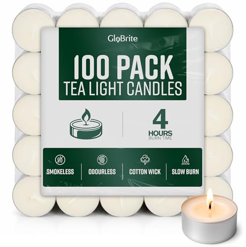 GloBrite Unscented Tea Lights – 4 Hour Burn Tealight Candles – Long Burning Tea Lights for Home, Events & Decorative Use (Pack of 100)