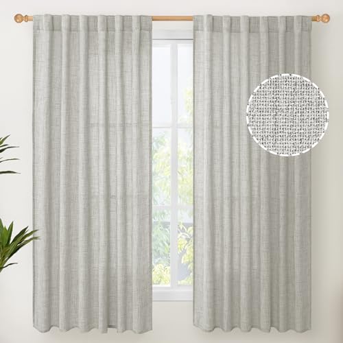 YoungsTex Light Grey Linen Curtains 63 Inches Length 2 Panels for Living Room - Textured Semi Sheer Window Drapes with Rod Pocket Back Tab Light Filtering for Bedroom, 52 X 63 Inch