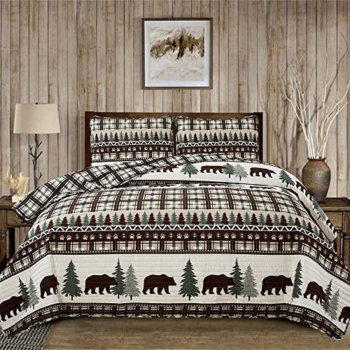 3 Piece Reversible Quilt Set with Shams - All-Season Soft & Lightweight Bedspread - Rustic Lodge Cabin Printed Plaid Design - Cedar Creek Collection (King, Chocolate/Green)