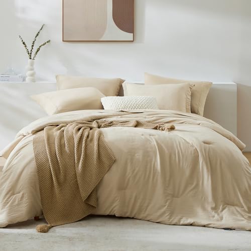 King Size Comforter Set- 7 Pieces Prewashed Bed in a Bag King Bedding Sets - Soft All Season Comforter with Sheets, Pillow Shams & Pillowcases, Beige