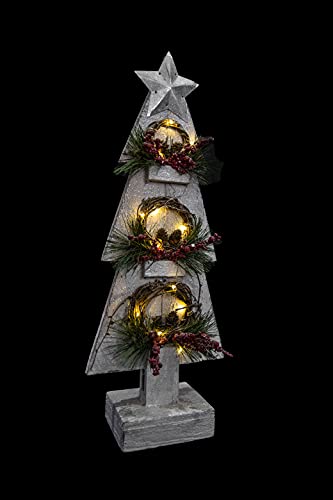 Christmas Holiday Home Décor Battery Operated Wooden Tree Tabletop Centrepiece with Wreath and 15 Small Warm White Bulbs - Grey, 80cm