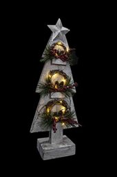 Christmas Holiday Home Décor Battery Operated Wooden Tree Tabletop Centrepiece with Wreath and 15 Small Warm White Bulbs - Grey, 80cm