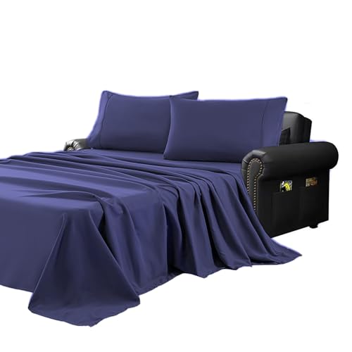 "Kingnex Sofa Bed Sheets Queen for Sleeper Sofa Bed with 4-6 Deep Pocket Soft Double Brushed 1800 Microfiber 4 Piece Bedding Set (60""x74""x6"") Navy"