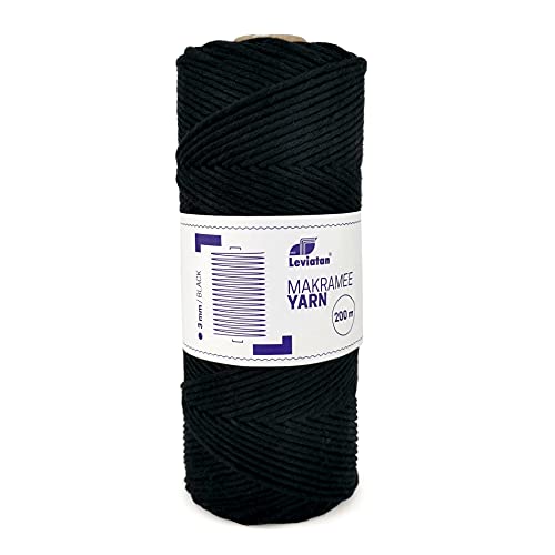 Leviatan Natural Thread - 200m Super Soft Single Twisted Cord - 100% Cotton Thread - Macram?? Rope for Handicrafts - Wedding and Christmas Decorations - 3mm x 200m - Black