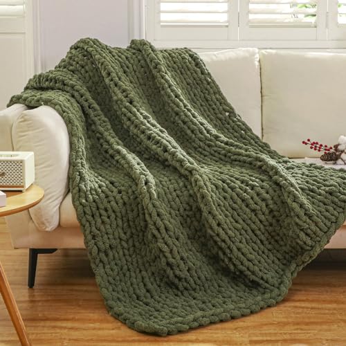 "WESHIONGOO Chunky Knit Blanket Throw 50""×60"" Knitted Throw Blankets for Couch Bed Fluffy Soft Blanket with Jumbo Chenille Yarn Thick 100% Handmade (Olive Green)"