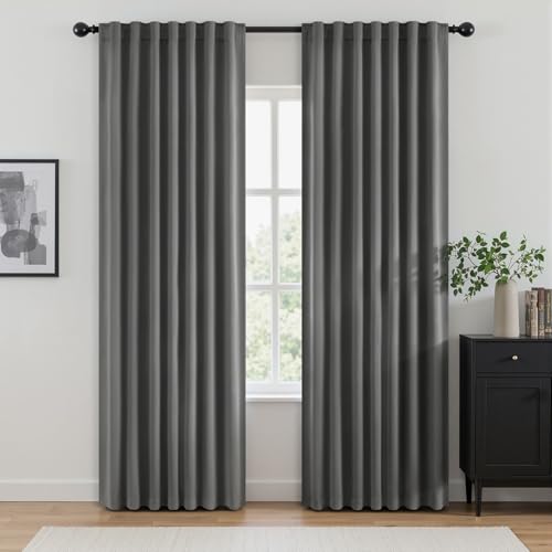 ANRODUO Back Tab Blackout Curtains for Bedroom Living Room,Rod Pocket Pinch Pleated Thermal Insulated Room Darkening Curtains 90 Inches Long 2 Panels,Grey,52 x 90 Inch
