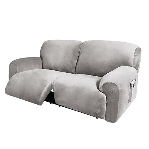 "ULTICOR Extra Wide 75"" - 100"", Reclining 2 Seater Sofa Cover, 6-Piece Velvet Stretch, Thick, Soft, Washable (Light Grey)"