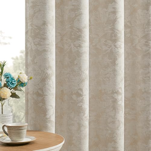 Beauoop Beige Floral Jacquard Blackout Curtains 96 Inches Long 2 Panels for Bedroom Living Room Taupe Flower Chenille Room Darkening Thermal Insulated Soundproof Grommet Window Treatments Drapes 52x96