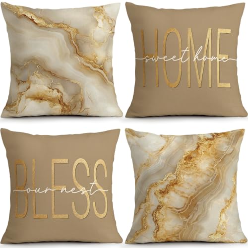 ORMAN Beige Gold Marble Pillow Covers 18x18 Inch Set of 4 Home Bless - Modern Home Bless Design Adds Warm Style to Living Room Bedroom Farmhouse Decor