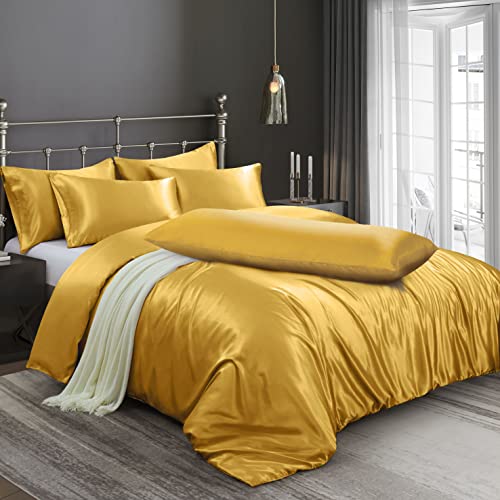 Ersmak 6 Pieces Satin Duvet Cover Full/Queen Size Luxury Silky Bedding Duvet Cover Set with 1 Soft Duvet Cover, 4 Queen Pillowcases and 1 Body Pillowcase, Gold
