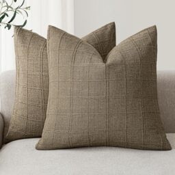 Foindtower Set of 2 Decorative Linen Check Throw Pillow Covers Neutral Farmhouse Vintage Cushion Covers Modern Boho Home Decor for Sofa Chair Couch Bedroom Living Room Outdoor,22×22 Inch,Light Brown