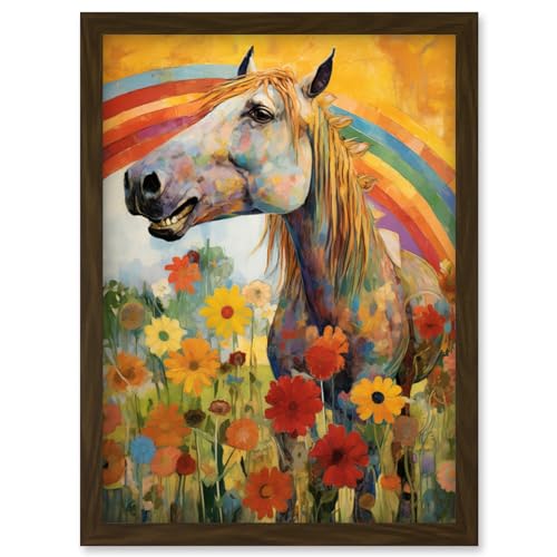 Artery8 Girls Bedroom Nursery Artwork Rainbow Horse With Flowers Bright Colourful Happy Artwork Framed Wall Art Print A4