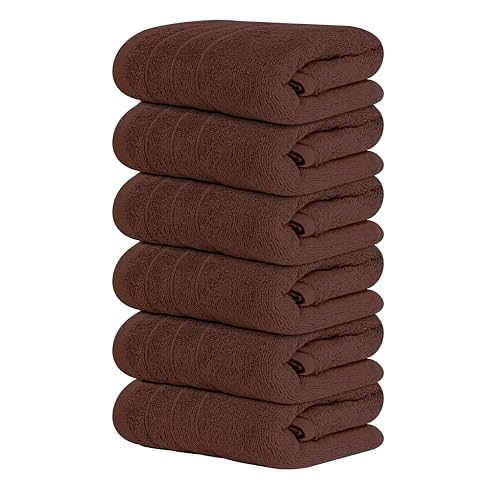 Tens Towels Pack of 6 Hand Towels, 100% Cotton, Lighter Weight, Quick to Dry, 16 x 28 Inches, Super Soft & Absorbent, Perfect for Bathroom & Kitchen (Brown)