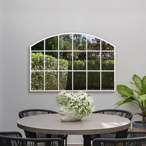 "MirrorOutlet The Arcus - White Framed Modern Arched Garden Wall Window Mirror 43"" X 29"" (110CM X 75CM) Silver Mirror Glass with Black All weather Backing."