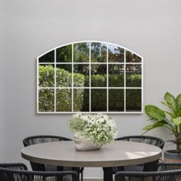 "MirrorOutlet The Arcus - White Framed Modern Arched Garden Wall Window Mirror 43"" X 29"" (110CM X 75CM) Silver Mirror Glass with Black All weather Backing."