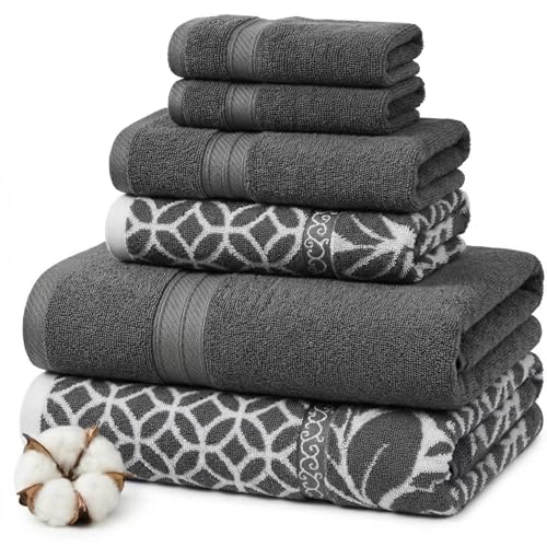 Amrapur Modern Threads Trefoil Filigree 6-Piece Reversible Yarn Dyed Jacquard Towel Set - Bath Towels, Hand Towels, & Washcloths - Super Absorbent & Quick Dry - 100% Combed Cotton Platinum