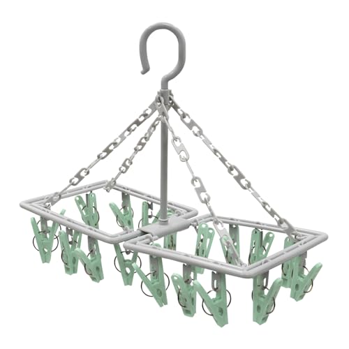 JVL Folding Sock Dryer with 20 Pegs ??? Space Saving Hanging Laundry Drying Rack ??? Light Grey Frame with Green Clips ??? Indoor & Outdoor Airer