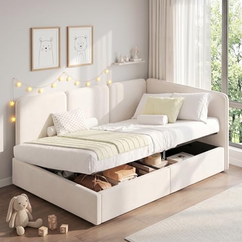 Ball & Cast 3FT Single Ottoman Bed Frame, Upholstered Daybed Sofabed, L-shaped Corner Bed with Hydraulic Storage, USB Charging Port & Reading Lamp, Velvet, Beige/90x190cm(No Mattress)