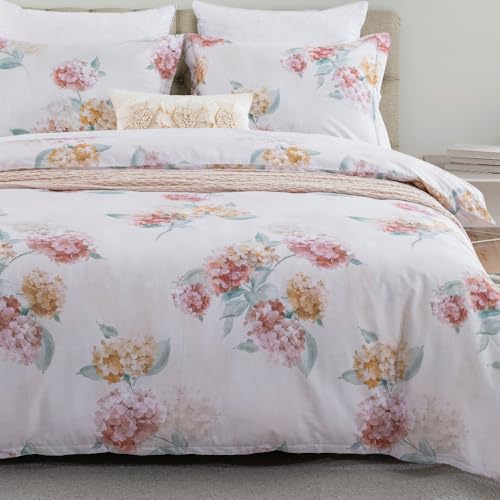 "DAUAOTO California King 104""X96"" Duvet Cover Set, 100% Cotton Print Bedding Cal King Bed, Floral Pattern, Hydrangea Blush"