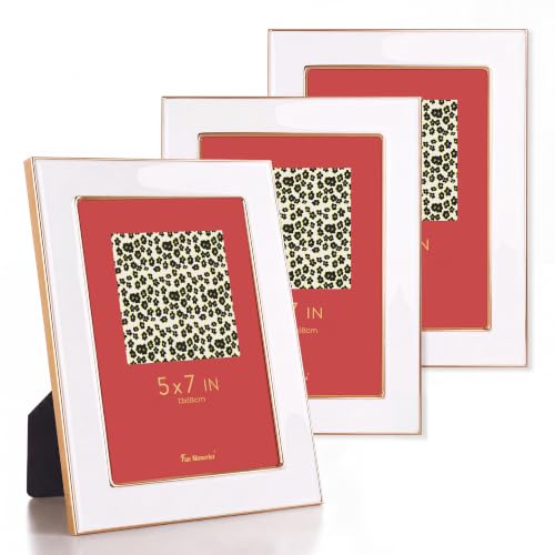 Fun Memories 5x7 Picture Frame - 3pcs White Enamel Glass Photo Frame with Gold Metal Edge & Easel for Display Picture Frame on Countertops, Tabletops, Bookshelves, Desks, Walls (White/Gold)